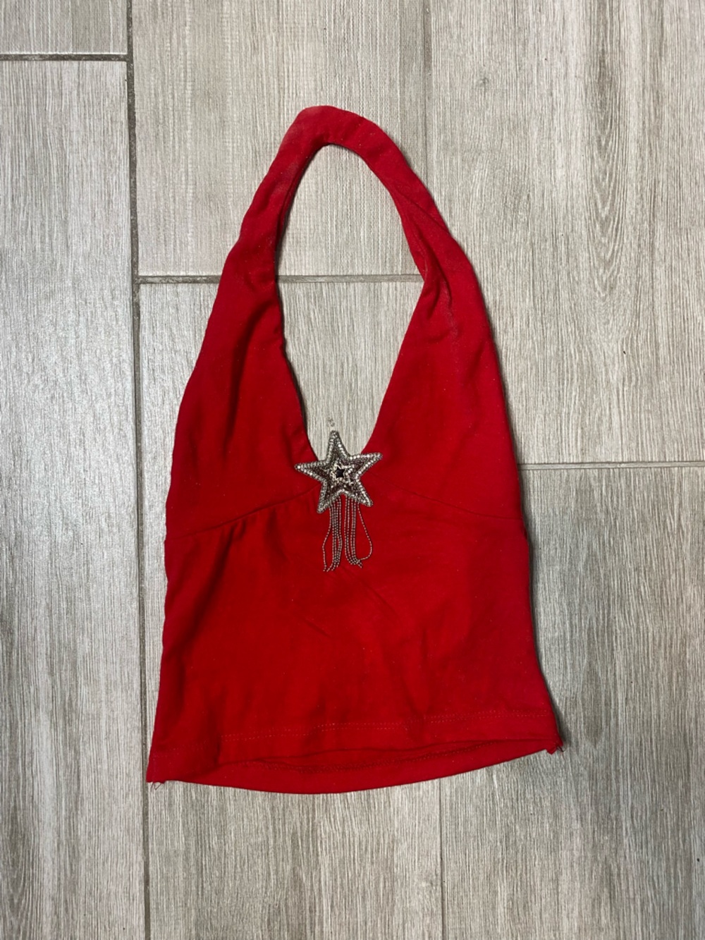 Upcycled Red Star Fringe Halter Top Y2K Rhinestone Festival Small